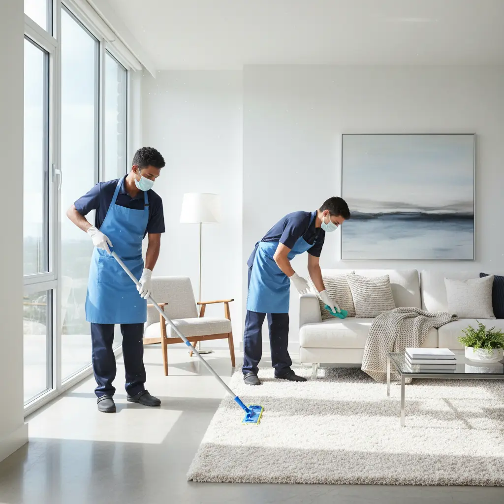 Ordremen cleaning professionals in a bright living room