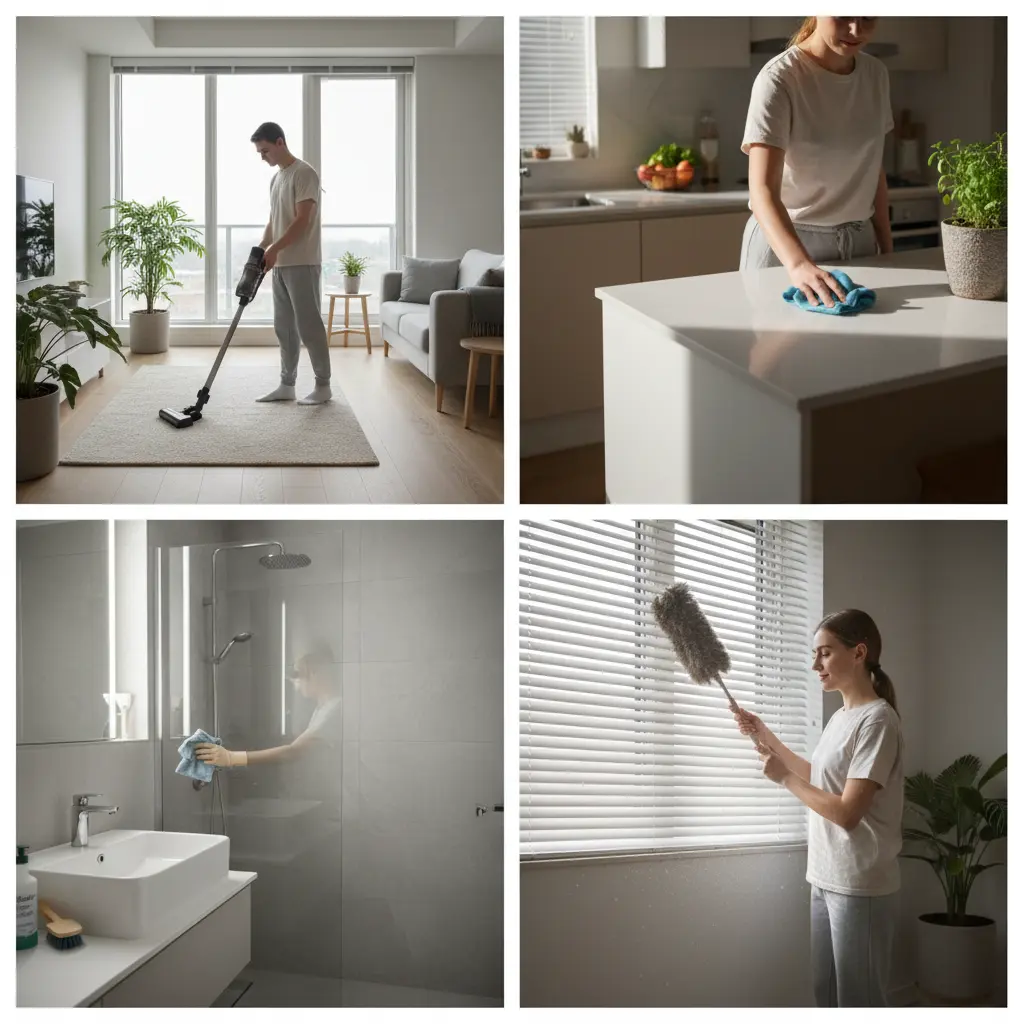 Collage of professional home cleaning activities