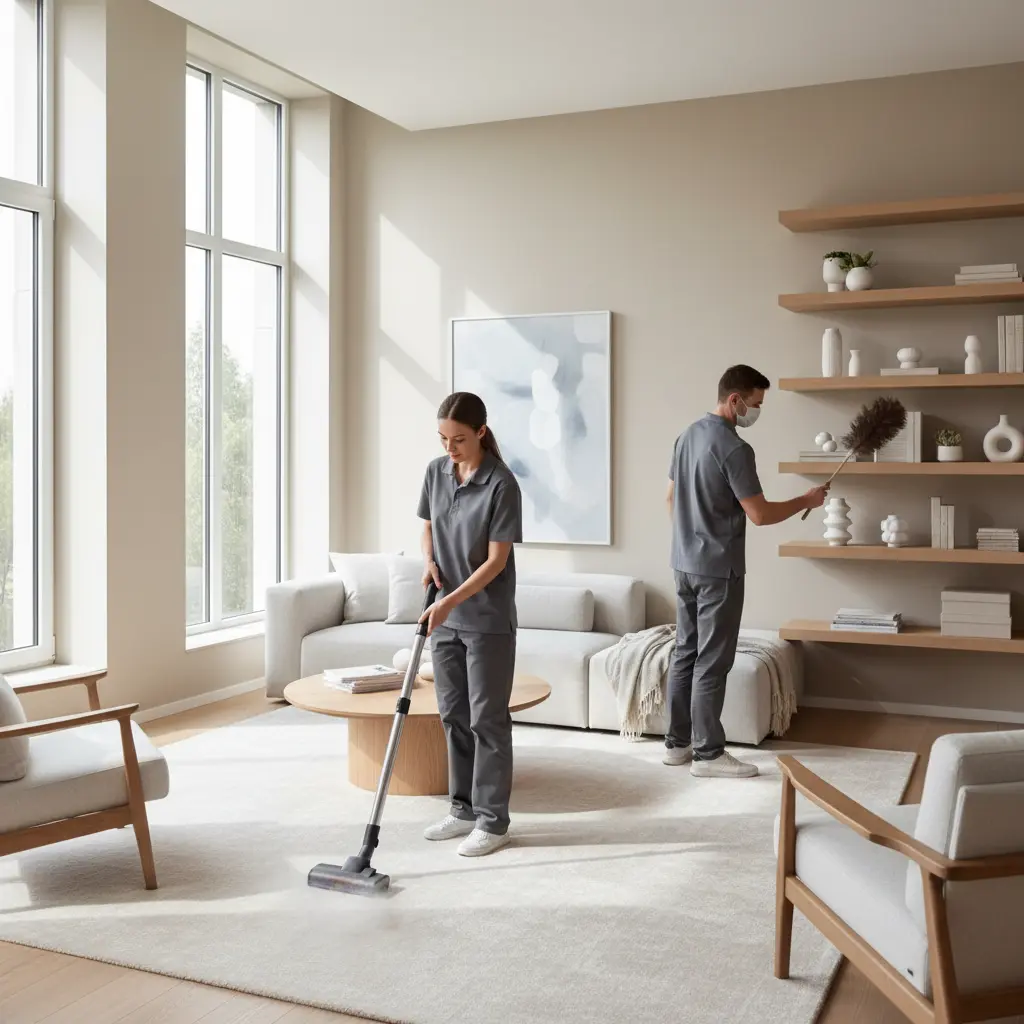 Cleaning team preparing a living room
